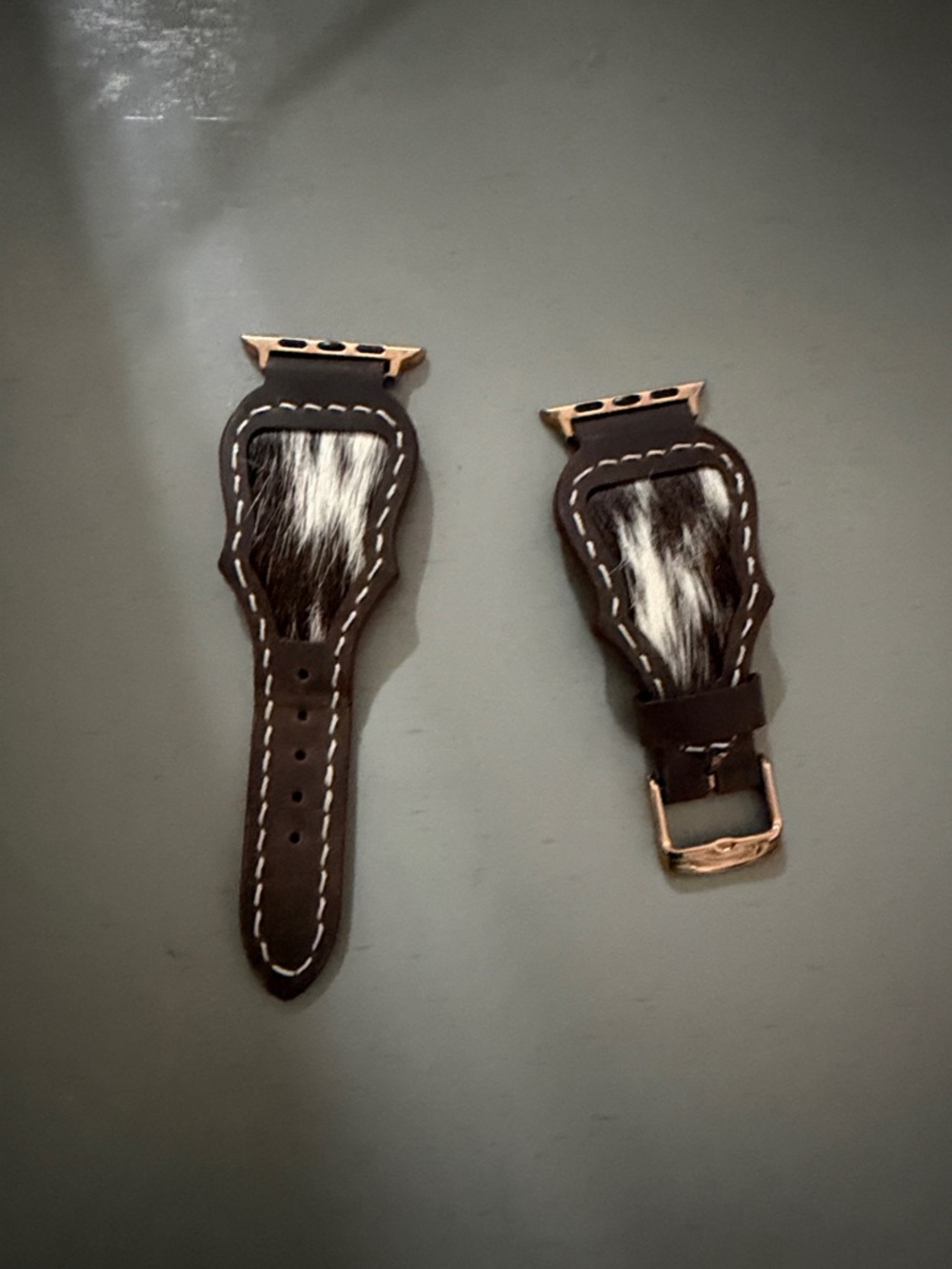Handmade Leather Apple Watch Band with Cowhide Accent - Dark Brown & White